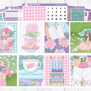 Peut inclure: Un ensemble d'autocollants pour planificateur avec une tasse à thé et une soucoupe, une pile de livres, une fille lisant un livre et un motif floral. Les autocollants sont conçus pour être utilisés dans un planificateur ou un journal.