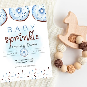Blaue Donuts Baby Sprinkle-Babyparty-Einladungskarte sofort-Download, Duscheinladung, druckbare Vorlagen, bearbeitbare Vorlagen
