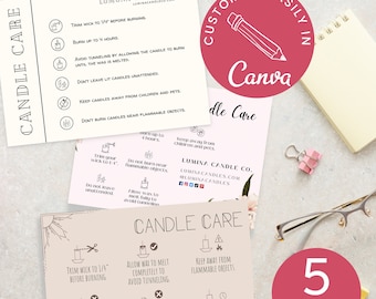 Pode incluir: Cinco modelos de cuidados com velas imprimíveis com instruções para aparar os pavios, o tempo de queima e precauções de segurança. Os modelos apresentam um fundo marrom claro com ilustrações de velas e um sol.
