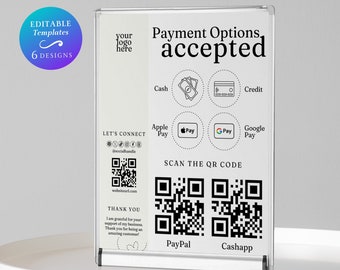 Accepted Payment QR Code Sign Template Scan to Pay Canva Template DIY Small Business Scannable Payment Sign Printable QR Scan to Pay Sign
