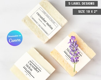 May include: Five label designs for soap and salve, each measuring 10 inches by 2 inches. The labels are white with black text and feature a cucumber melon scent. The labels are shown on top of soap bars, one of which has a sprig of lavender.