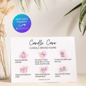 6x4" Candle Care Card Template Editable Watercolor Candle Safety Instructions Custom Modern Candle Care Instructions Boho Candle Care Card