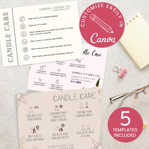 7 x 5" DIY Candle Care Card Templates Candle Care Cards Small Business Candle Care Template Blank Candle Cards Set of 5 Candle Care Template