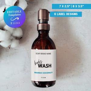 Peut inclure: Une bouteille en verre brun avec un distributeur à pompe en cuivre et une étiquette blanche. L'étiquette indique "SOAP BRAND NAME", "body WASH", "MANGO COCONUT" et "FL OZ | ML".
