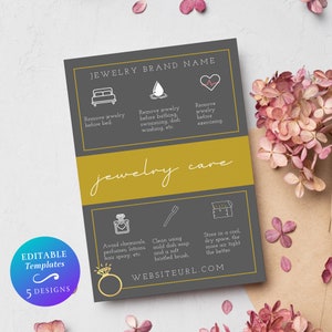 May include: A gray and gold jewelry care card with icons and instructions for caring for jewelry. The card includes tips on removing jewelry before bed, bathing, exercising, and using chemicals. It also recommends storing jewelry in a cool, dry space. The card includes the text "jewelry care" and "WEBSITEURL.COM".