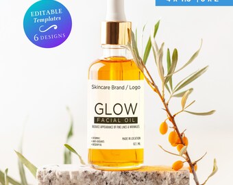 Skincare Oil Serum Wrap Around Bottle Label Template Editable Cosmetic Oil Dropper Bottle Label DIY Custom Facial Oil Dropper Bottle Label