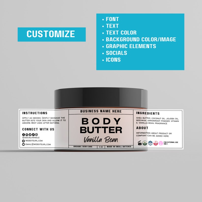 Wrap Around Body Butter Jar Label Template Handmade Balm Butter & Cream