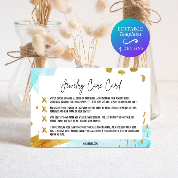 6x4" Jewelry Care Card Template DIY Jewelry Care Template Printable Jewelry Card Cards Customizable Jewelry Care Card Jewelry Care Insert