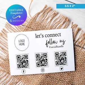 Plantilla minimalista de tarjeta de redes sociales, tarjeta de presentación social manuscrita editable, tarjeta de redes sociales con código QR imprimible, tarjeta personalizada para seguirnos en redes sociales