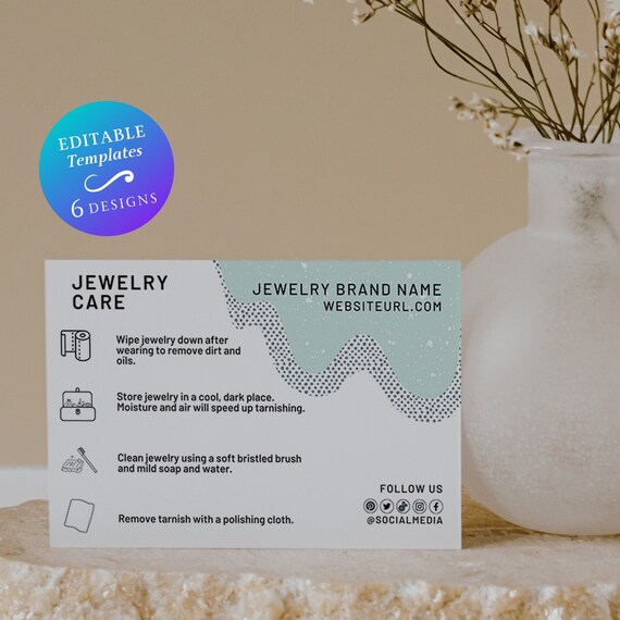 Watercolor Jewelry Care Card Template Customizable Minimal Jewelry