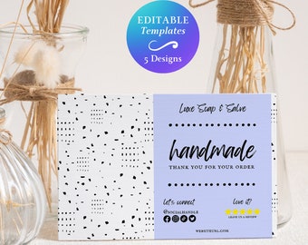 May include: A purple and white thank you card with black text that reads "Luxe Soap & Salve handmade Thank You For Your Order" with social media icons and the text "Let's connect @SOCIALHANDLE" and "Love it? Leave us a review WEBSITEURL.COM".