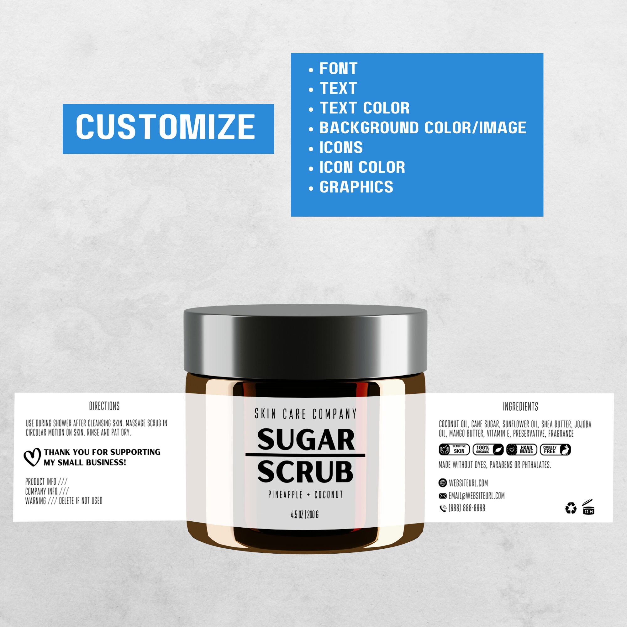 Hand & Body Skincare Sugar Scrub Label Template Custom Sugar Scrub Foot Scrub Face Scrub Label