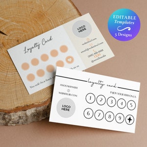 May include: Two loyalty cards with a simple design. The first card has 10 circles for customers to fill in. The second card has 9 circles for customers to fill in. Both cards have a space for a logo and contact information.