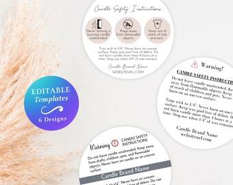 Candle Safety Instruction Label Template Custom Round Candle Safety Sticker Editable Candle Warning Label Circle Candle Burn Safety Sticker