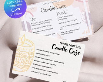 Pode incluir: Instruções de cuidados com velas da Lumina Candle Co. com uma ilustração de vela amarela. As instruções incluem dicas sobre como queimar a vela com segurança, como manter o pavio cortado a 1/4 de polegada e queimar a vela por até 4 horas de cada vez.