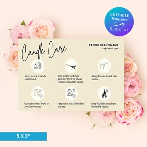 5x3" Candle Care Instructions Card Template Editable Safety Candle Care Card DIY Handmade Candle Care Card Insert Custom Candle Safety Card