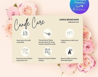 May include: Candle Care guide with illustrations and text. It includes tips like trimming the wick, burning on a solid surface, and keeping candles away from drafts and children. The guide is 5 inches by 3 inches.