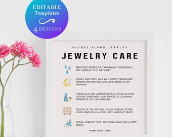 Square Jewelry Care Instructions Card Template Customizable Modern Jewelry Care Card Print at Home Square Jewelry Care Marketing Insert Card