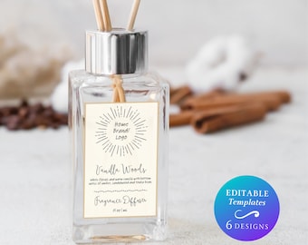 Rectangular Fragrance Oil Diffuser Label Template Editable Contemporary Reed Diffuser Label DIY Custom Handmade Oil Diffuser Bottle Label