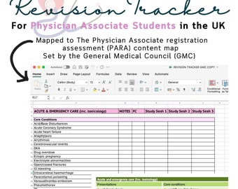 May include: A pink and green table with a spreadsheet titled "Revision Tracker for Physician Associate Students in the UK". The spreadsheet includes a list of core conditions and presentations for acute and emergency care, including toxicology. The table also includes a section for uncommon but critical conditions.