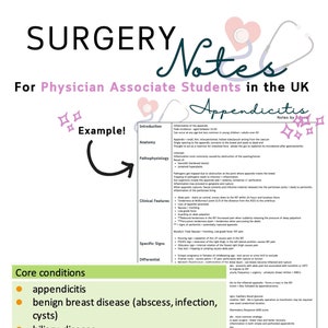 Könnte beinhalten: Ein rosa-weißer illustrierter Leitfaden für Physician Associate Students in Großbritannien mit dem Titel "Surgery Notes: Appendicitis". Der Leitfaden enthält eine Liste von Kernbedingungen wie Appendicitis, gutartige Brustkrankheit, Gallenwegserkrankung, Darmverschluss, Brustkrebs, Divertikulitis, gastrointestinale Malignität, Hernie, Pankreatitis, peri-anale Erkrankung und Peritonitis. Der Leitfaden enthält auch einen Abschnitt über die Anatomie, Pathophysiologie, klinische Merkmale, spezifische Anzeichen und Differentialdiagnose der Appendicitis. Der Leitfaden umfasst 37 Seiten und ist auf die GMC-Inhaltskarte abgebildet.