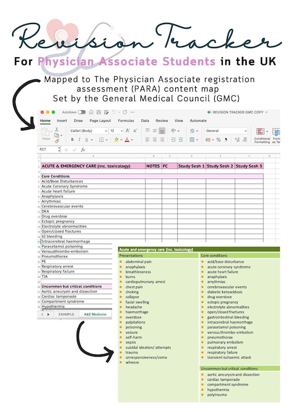 Revision Tracker For Physician Associate Students (UK) - comes with two versions: mapped to the new GMC PARA content map + the old Matrix