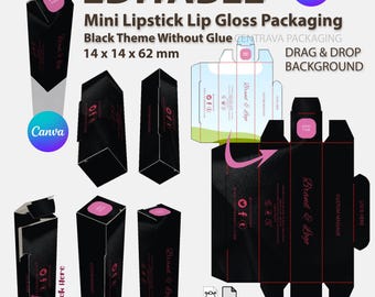 Black Mini Lipstick or Lip Balm Box Editable Canva Template: Glue-Free Packaging (SVG, DXF, pdf dieline Included)