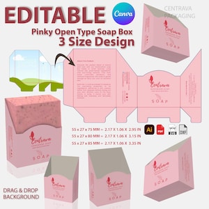 May include: Pink soap box design with the text "EDITABLE Pinky Open Type Soap Box 3 Size Design". The box is pink with the "Centrava Handmade Soap" logo. Includes dimensions: 2.17 x 1.06 x 2.95 in, 2.17 x 1.06 x 3.15 in, and 2.17 x 1.06 x 3.35 in.
