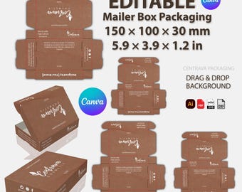 Mailer Box Canva Template 150 × 100 × 30 mm (5.9 × 3.9 × 1.2 in) | Mailer Packaging | Skincare and BodyCare & Gift Box Design | for Branding