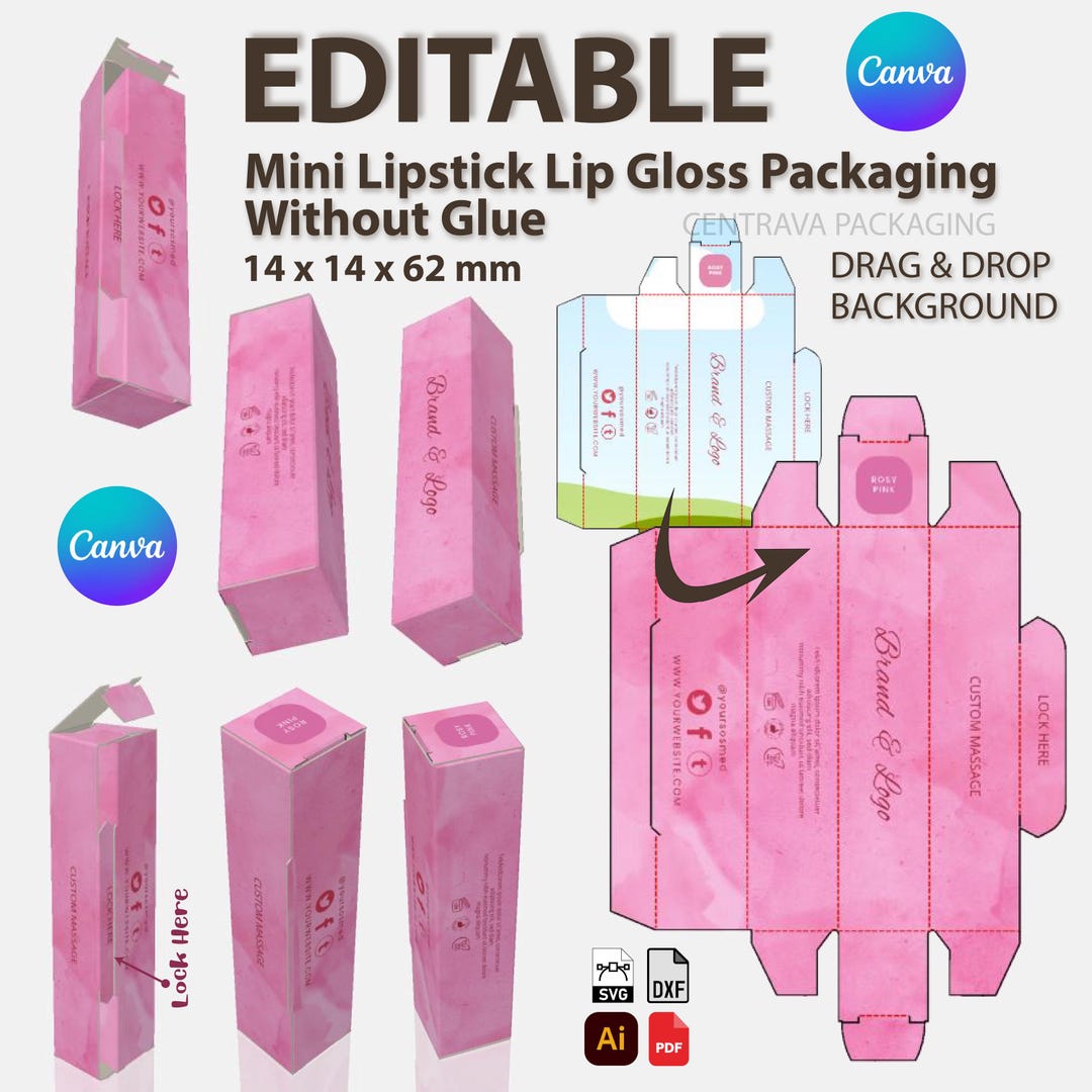 Editable Mini Lipstick Balm Box Canva Template : Glue-free Packaging ...