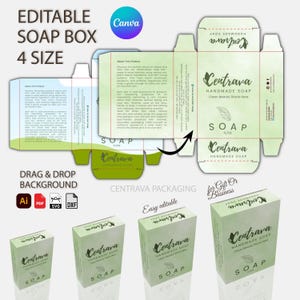 May include: An editable soap box design with the text "EDITABLE SOAP BOX 4 SIZE" and "Centrava Handmade Soap". The design includes a layout for the box, along with three assembled boxes. The design is easy to edit and suitable for gift or business use.