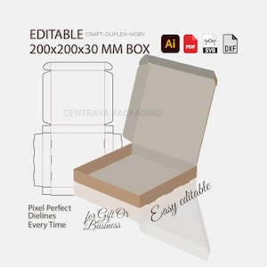 Shipping Box Dieline SVG | Self Locking Template 200x200x30mm | Cut Files PDF DXF Ai
