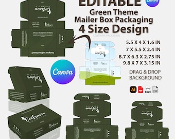 Green Skincare Mailer Box Template Bundle: Eco-Friendly Packaging (Canva Editable, 4 Sizes)