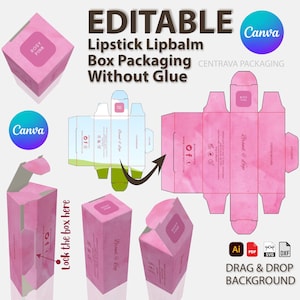 以下が含まれることがあります： ピンク色の口紅とリップバームの箱のパッケージデザイン。「Rosy Pink」と「Brand & Lipe」の文字が含まれています。パッケージは編集可能で、接着剤なしで設計されています。デザインにはCanvaのロゴも含まれています。