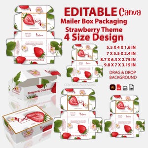 Bundle 4 Sizes Strawberry Mailer Box Template: Editable Canva Design, Printable Packaging (SVG DXF Dieline Included)