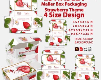 Bundle 4 Sizes Strawberry Mailer Box Template: Editable Canva Design, Printable Packaging (SVG DXF Dieline Included)