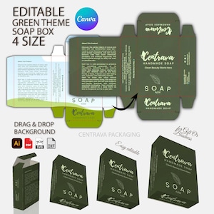 May include: A green soap box design with the text "Centrava Handmade Soap". The design includes the box in different views, with the text "SOAP" and "4 SIZE". The design is easy to edit and has a drag and drop background. The design is for gift or business.