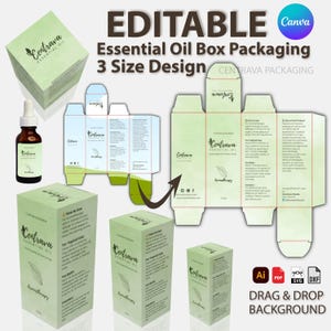Exclusive Essential Oil Box Canva Template Bundle (4 Sizes in 1) | Editable Essential Oil | +Dieline Files DXF SVG Ai PDF for Small Business