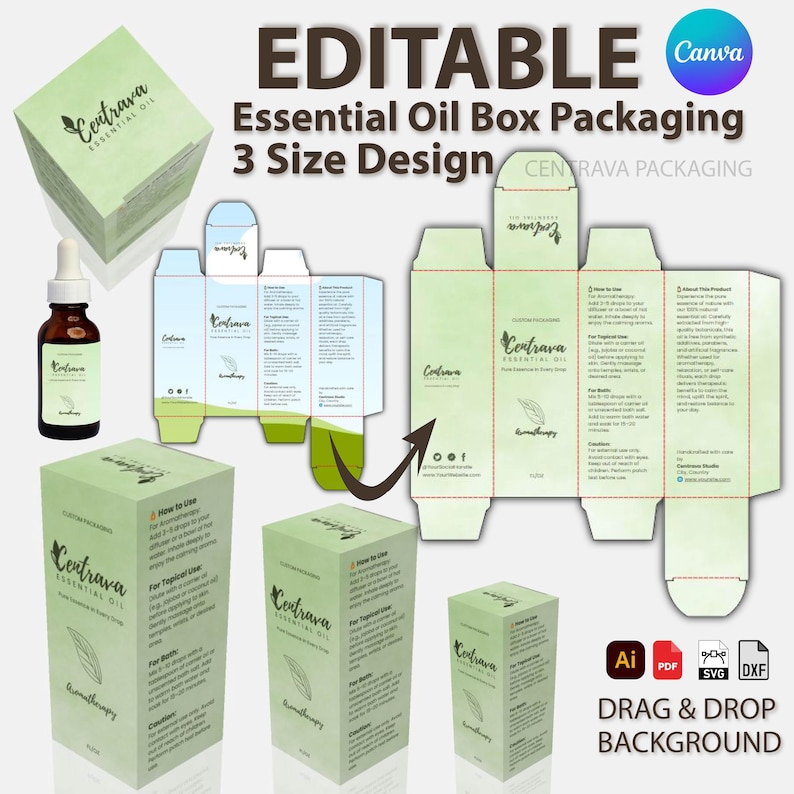 Essential Oil Box Canva Template Bundle (4 Sizes) | Editable Essential ...