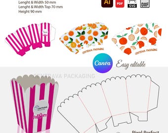 Plantilla de Canva para caja de palomitas de maíz: base de 5 x 5 cm, parte superior de 7 x 7 cm, 9 cm de alto / SVG editable / Archivos de Cricut y Silhouette / Illustrator / DXF / PDF /