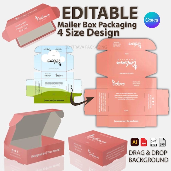 Bundle 4 sizes Premium Mailer Box Skincare  Canva Template Bundle Glue Free | Editable Cosmetic Packaging | + Dieline Files DXF SVG PDF Ai
