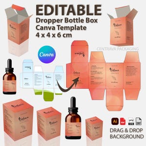 Plantilla de caja de frasco gotero editable en Canva / Caja de empaque de suero imprimible / Diseño de caja de cuidado de la piel / Caja de aceite esencial para los kits de su marca