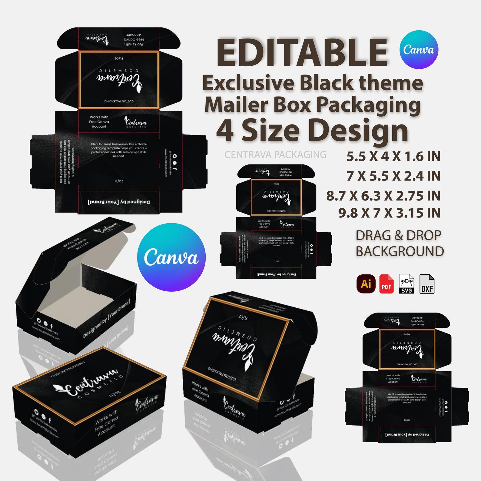 Editable Box Design Bundle 4 Size Exclusive Black Theme Mailer Box Template for Canva ...
