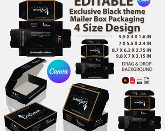 4 Size Exclusive Black Theme Mailer Box Template for Canva  | Editable Cosmetic Packaging kit | Custom Shipping Box for Branding