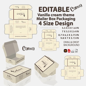 Modello per scatola postale con crema alla vaniglia: 4 dimensioni, confezione personalizzabile (modificabile con Canva, SVG/DXF)