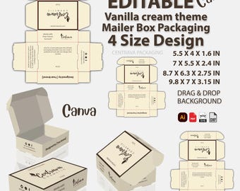 May include: An editable vanilla cream-themed mailer box packaging design. The image shows various box layouts and assembled views, with sizes ranging from 5.5 x 4 x 1.6 inches to 9.8 x 7 x 3.15 inches. The design includes the text "EDITABLE Canva" and "CENTRAVA PACKAGING".