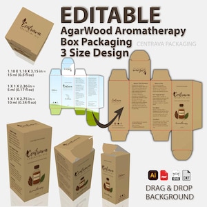 AgarWood Theme Aromatherapy Box Template for Canva 3 size | Editable Cosmetic Packaging kit | Custom Essential Oil  Box for Branding kits