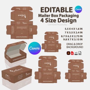 Bundle 4 Sizes Mailer Box Template Editable in Canva | Editable Mailer Packaging | Skincare and BodyCare or Gift Box Design | for Branding