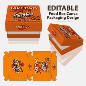 Editable Food Packaging Box Template: Restaurant, Bakery, Cafe (Canva DIY Printable Design)
