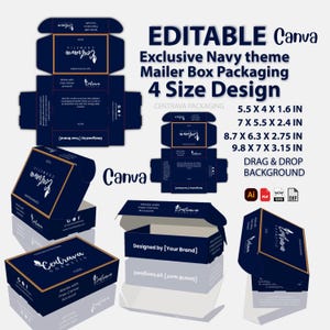 May include: Navy blue mailer box packaging design with gold accents. The image shows various views of the box, including flat layouts and assembled boxes. Text includes "EDITABLE Canva" and size dimensions in inches.